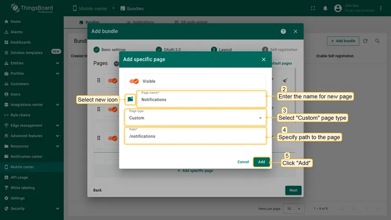 Page type selection dialog with Dashboard, Webview, and Custom options