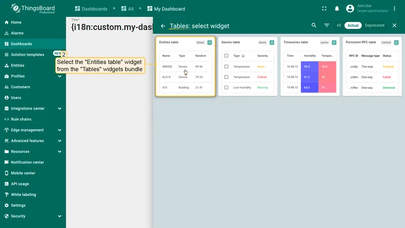 Select Entities table widget