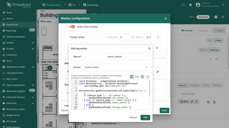 Tag actions section in marker configuration