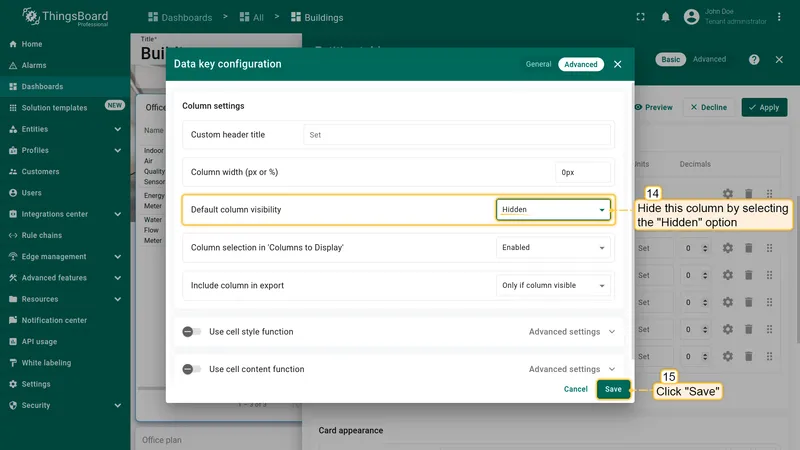 Data key configuration with Default column visibility set to Hidden