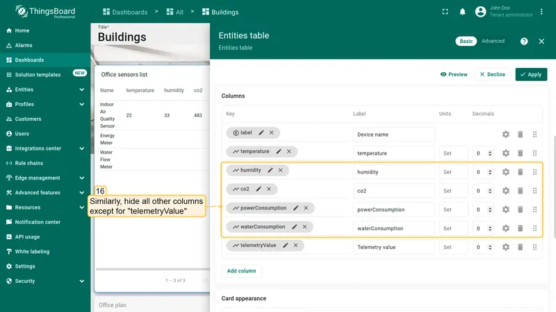 Entities table widget settings with humidity, CO2, powerConsumption, and waterConsumption rows highlighted