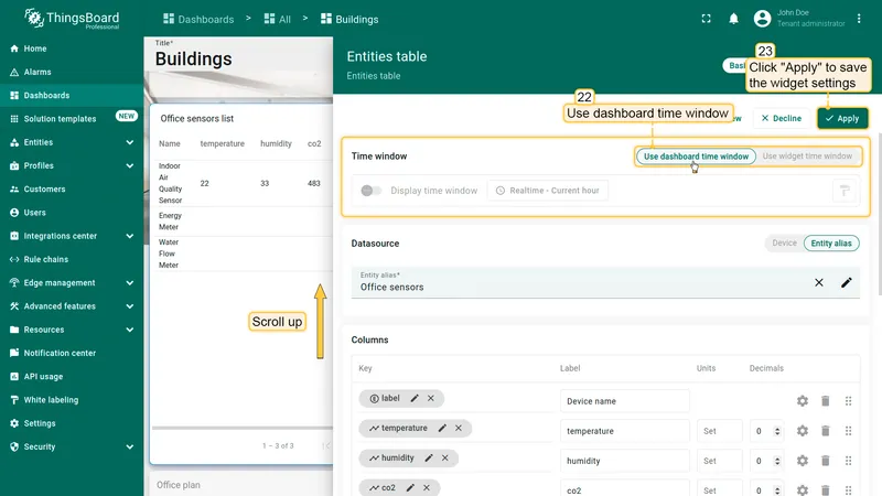 Entities table widget settings with Use dashboard time window selected