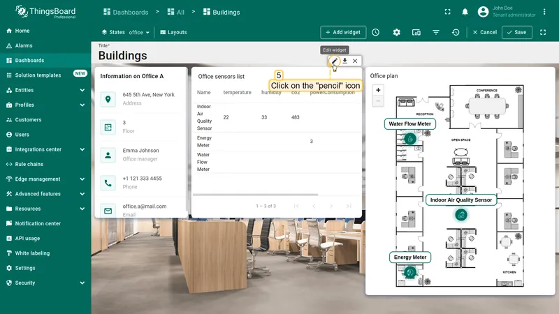 Office sensors list widget in edit mode with the pencil icon highlighted again