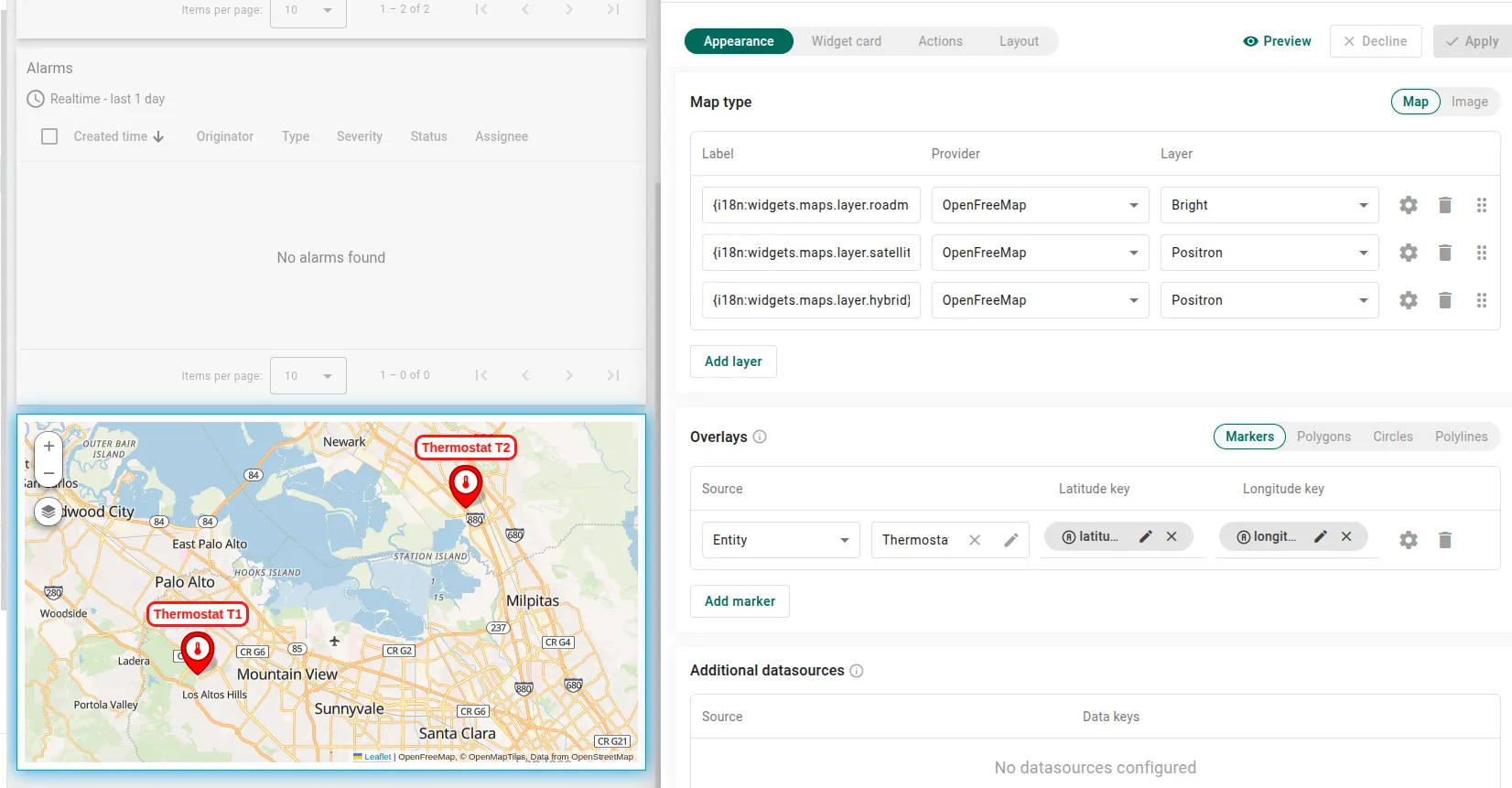 Map widget settings: three layers with OpenFreeMap as provider, beside the map