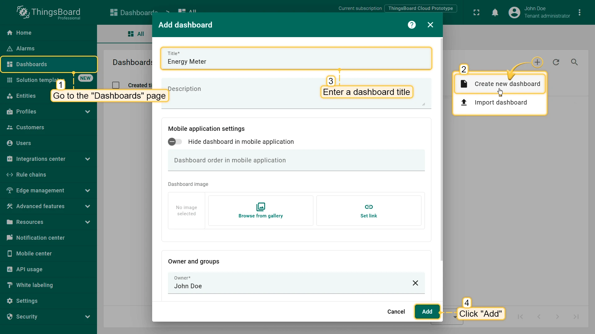 Create new dashboard dialog with title field