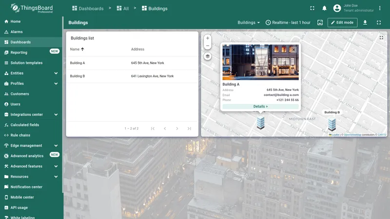 Default dashboard state with building popup on map