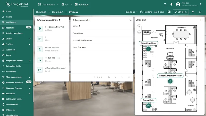 Office A selected with sensors list and floor plan