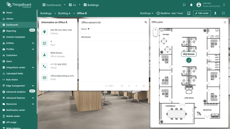 Office B selected with IAQ sensor on floor plan