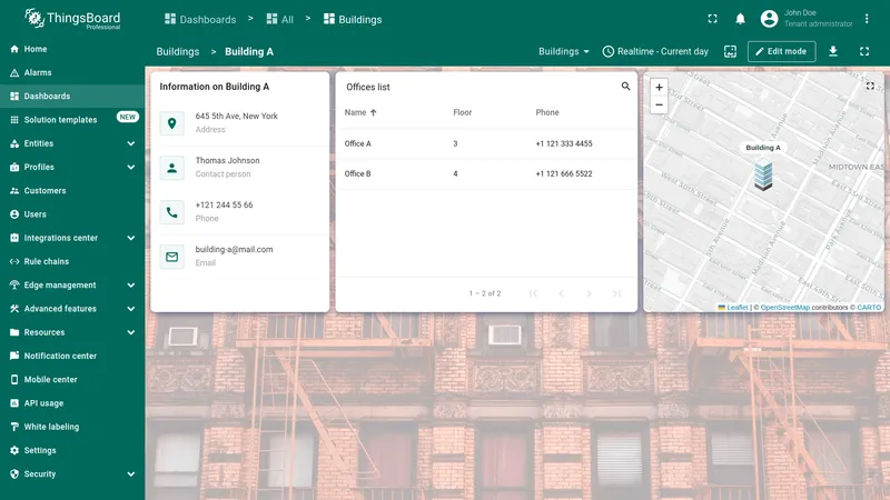 Building A selected with building details and offices list