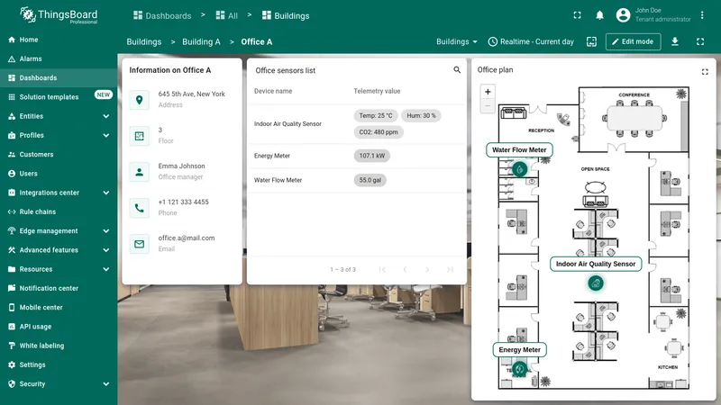 Office A selected with sensors and floor plan
