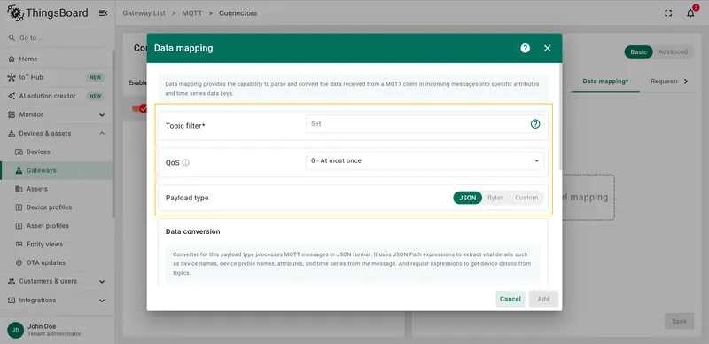 Data mapping modal window