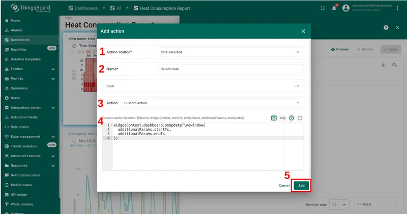 Add action dialog — Action source: date-selected, Name: Select Date, Action: Custom action, code entered, Add button highlighted