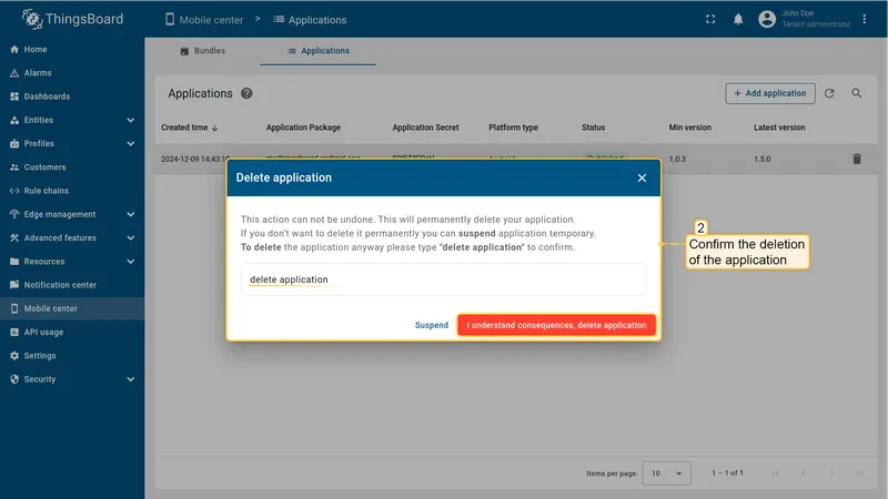 Delete application confirmation dialog with red "Understand consequences, delete application" button
