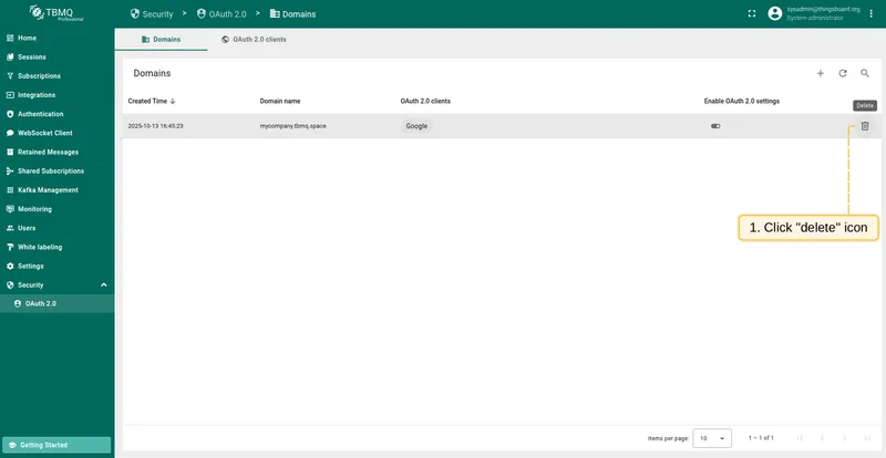 Click the Delete button on the Domains tab