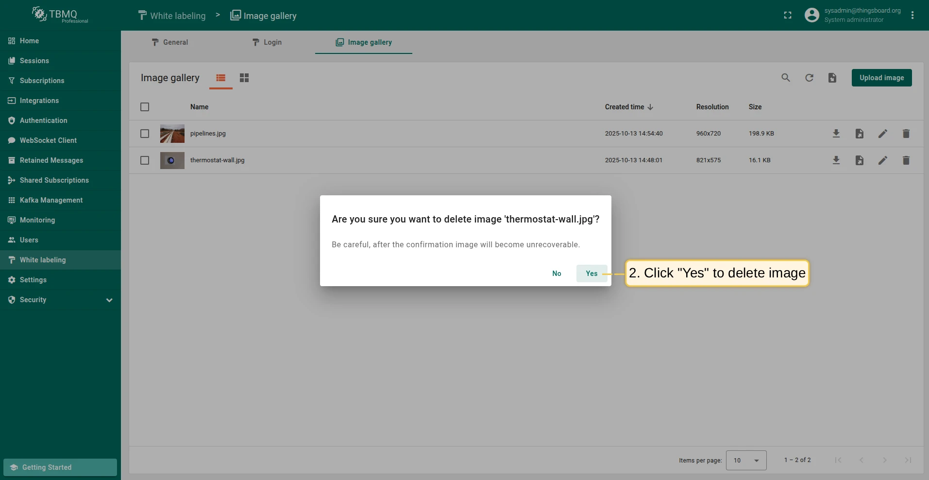Confirm image deletion dialog