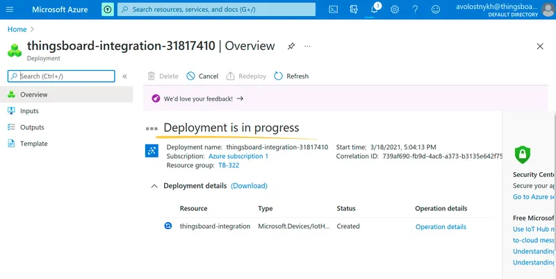 Azure deployment overview page showing Deployment is in progress with the IoT Hub resource listed