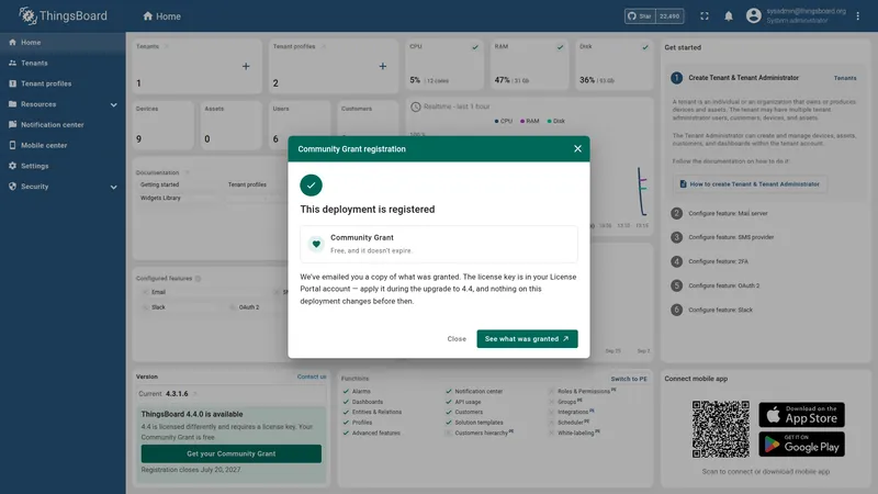 Community Grant registration dialog showing This deployment is registered