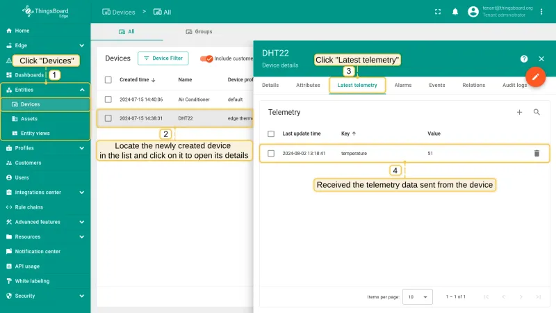 Device created on the Edge with telemetry data