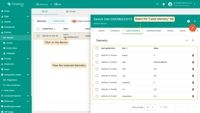 Latest telemetry received from ChirpStack device