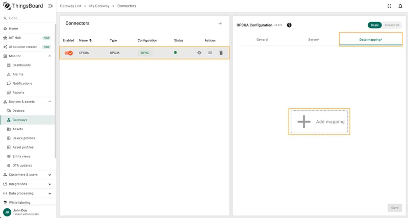 Select OPC-UA connector, click Data mapping, click + Add mapping