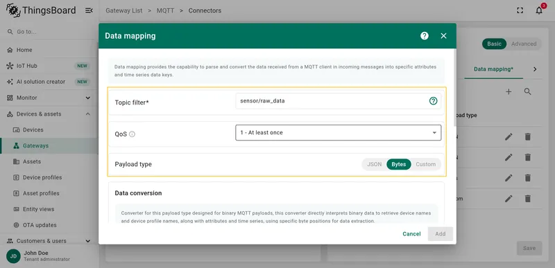 Fill Topic filter, QoS and select Bytes payload type