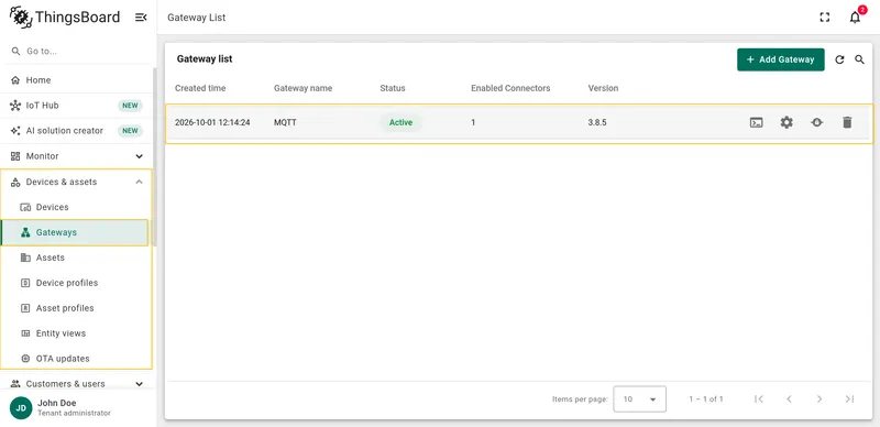 Go to Devices & assets → Gateways