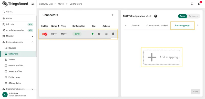 Select MQTT connector and click + Add mapping