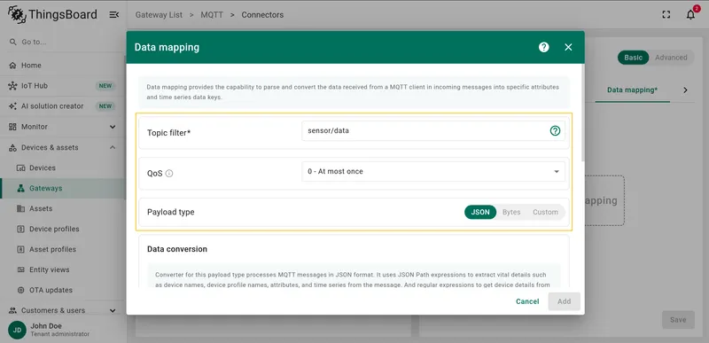 Fill Topic filter, QoS and Payload type