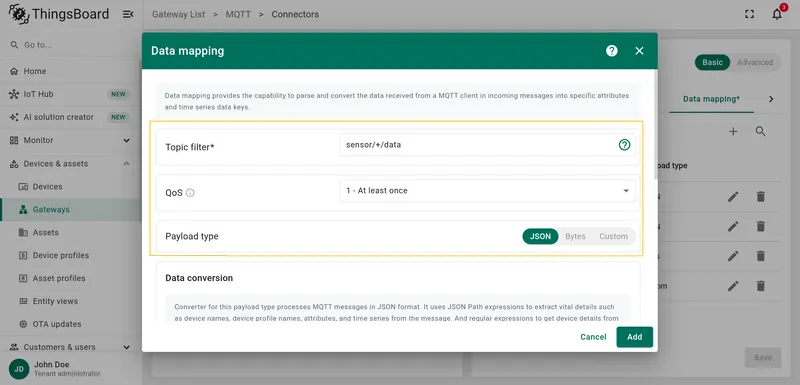 Fill Topic filter with wildcard, QoS and Payload type