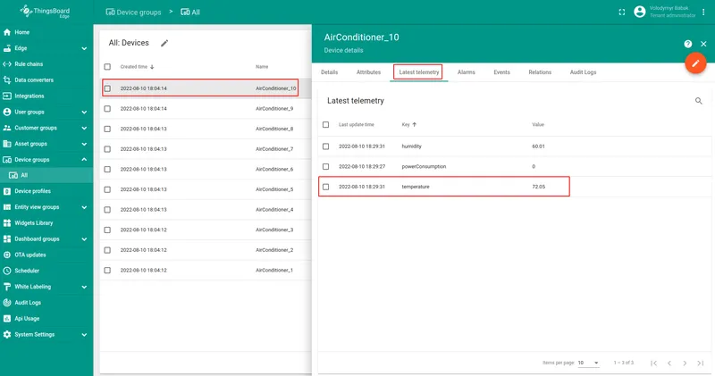 Device latest telemetry — temperature, humidity, powerConsumption updating live