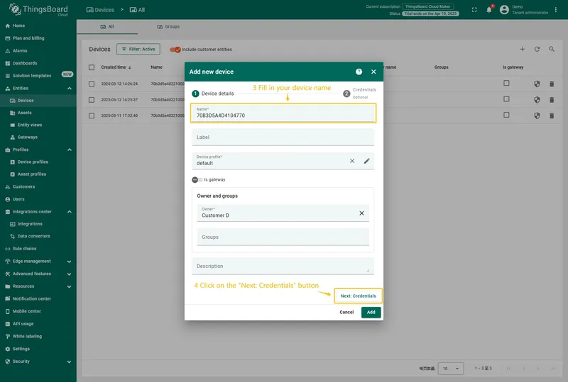 Fill in the device name and click the **Next: Credentials** button.