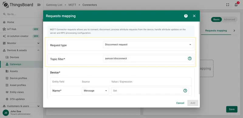Select Disconnect request type and fill Topic filter