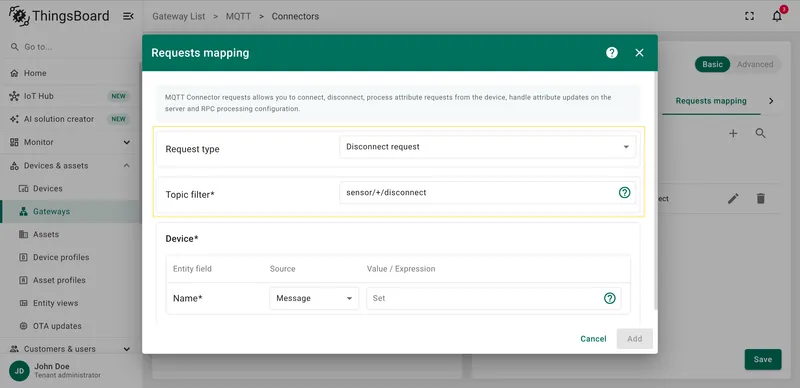 Select Disconnect request type with wildcard topic filter