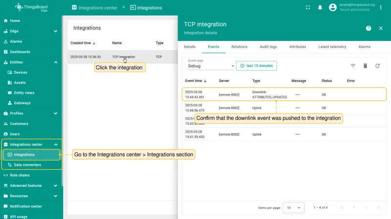Integration Events tab showing the downlink message