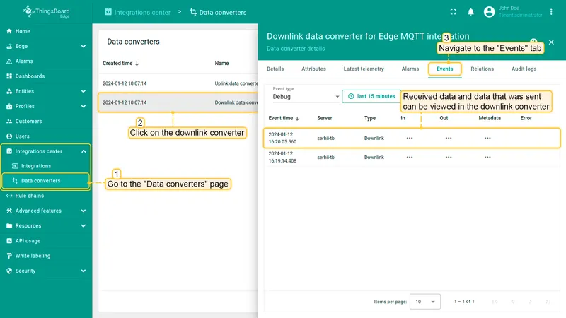 Downlink converter Events tab