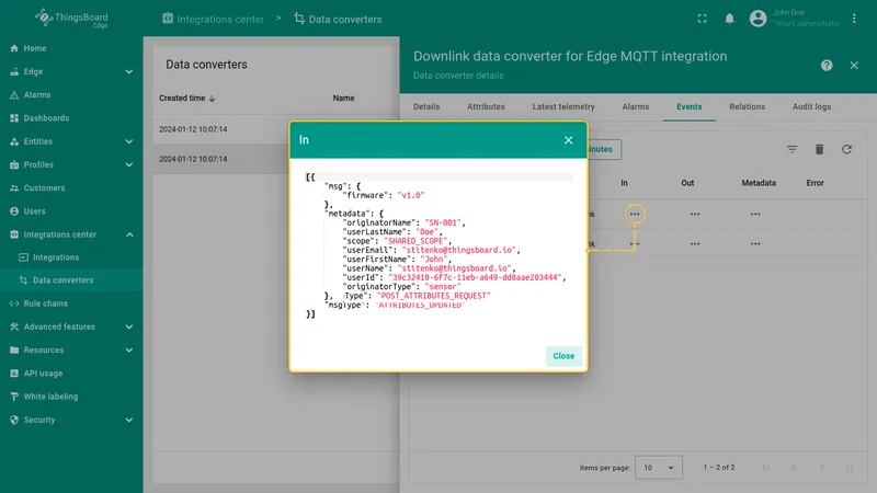 Downlink converter In message — raw message from integration