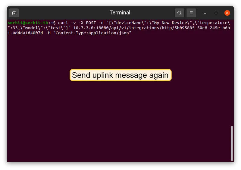curl command sending the second uplink message