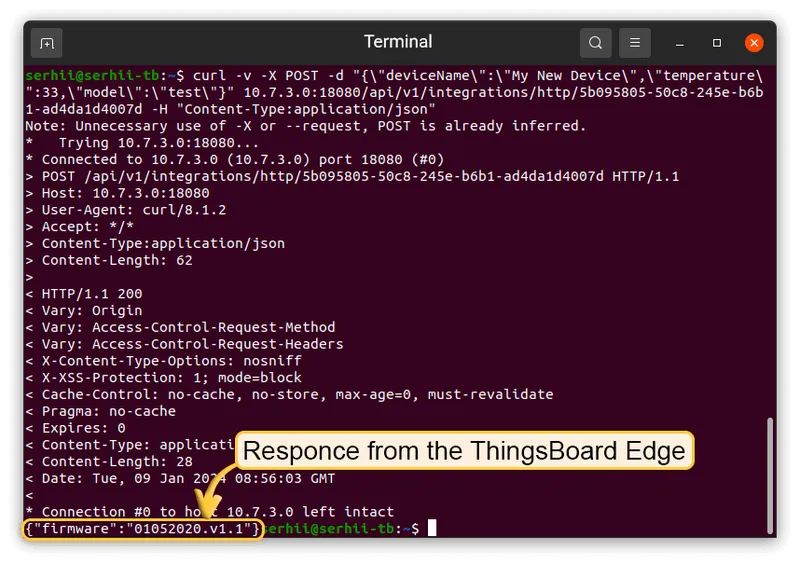 Terminal showing the downlink response from ThingsBoard