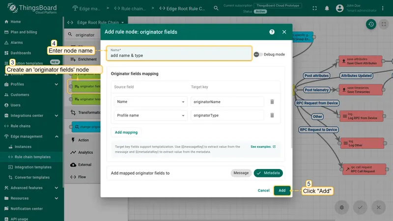 Add originator fields node — configured to add originator name and type to metadata