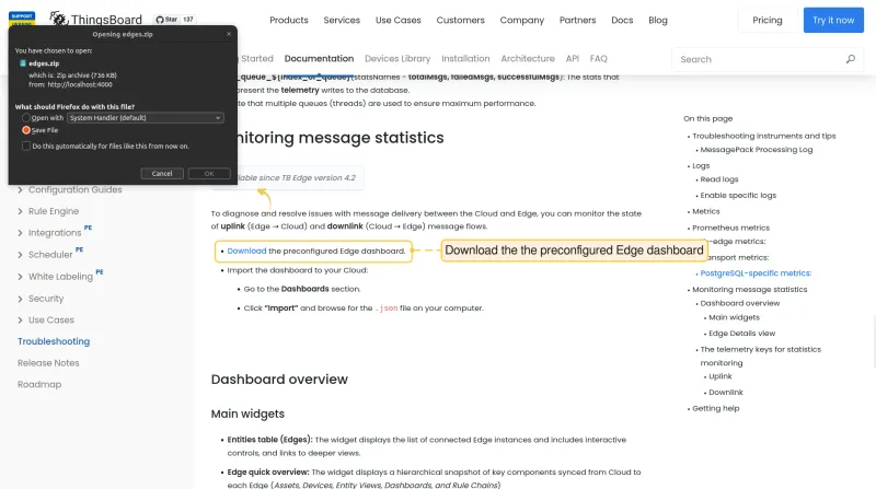 Downloading the uplink downlink edge stats dashboard JSON file