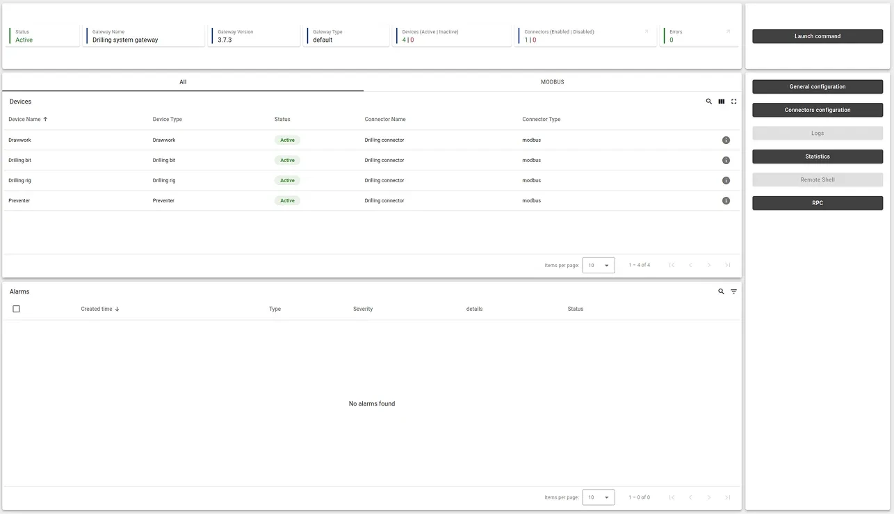 Modbus gateway dashboard showing device connectivity and communication status