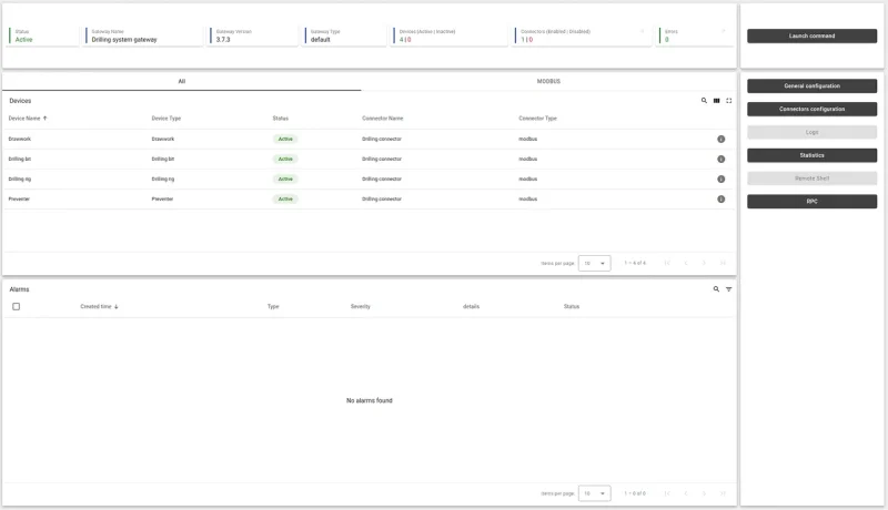 Modbus gateway dashboard showing device connectivity and communication status