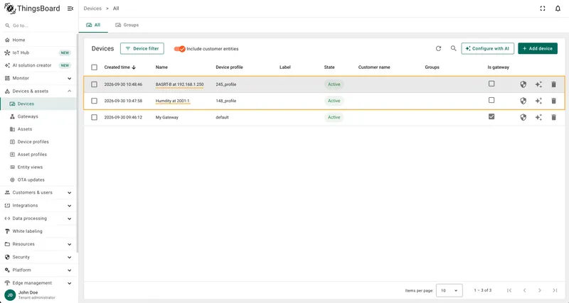 Device created with dynamic name and profile