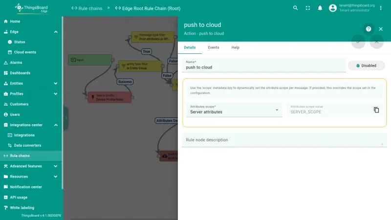 Push to cloud node settings showing attribute scope selection — PE