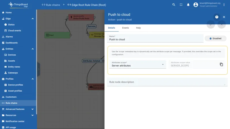 Push to cloud node settings showing attribute scope selection — CE