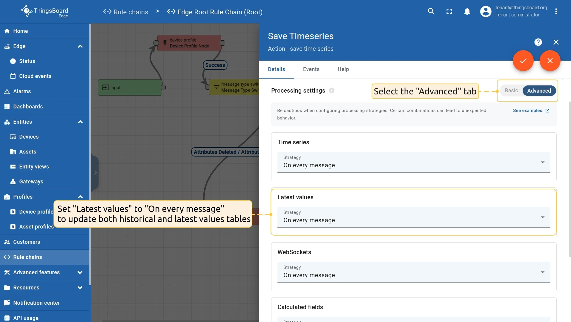 Edge save timeseries node configured to update both latest and historical tables — CE