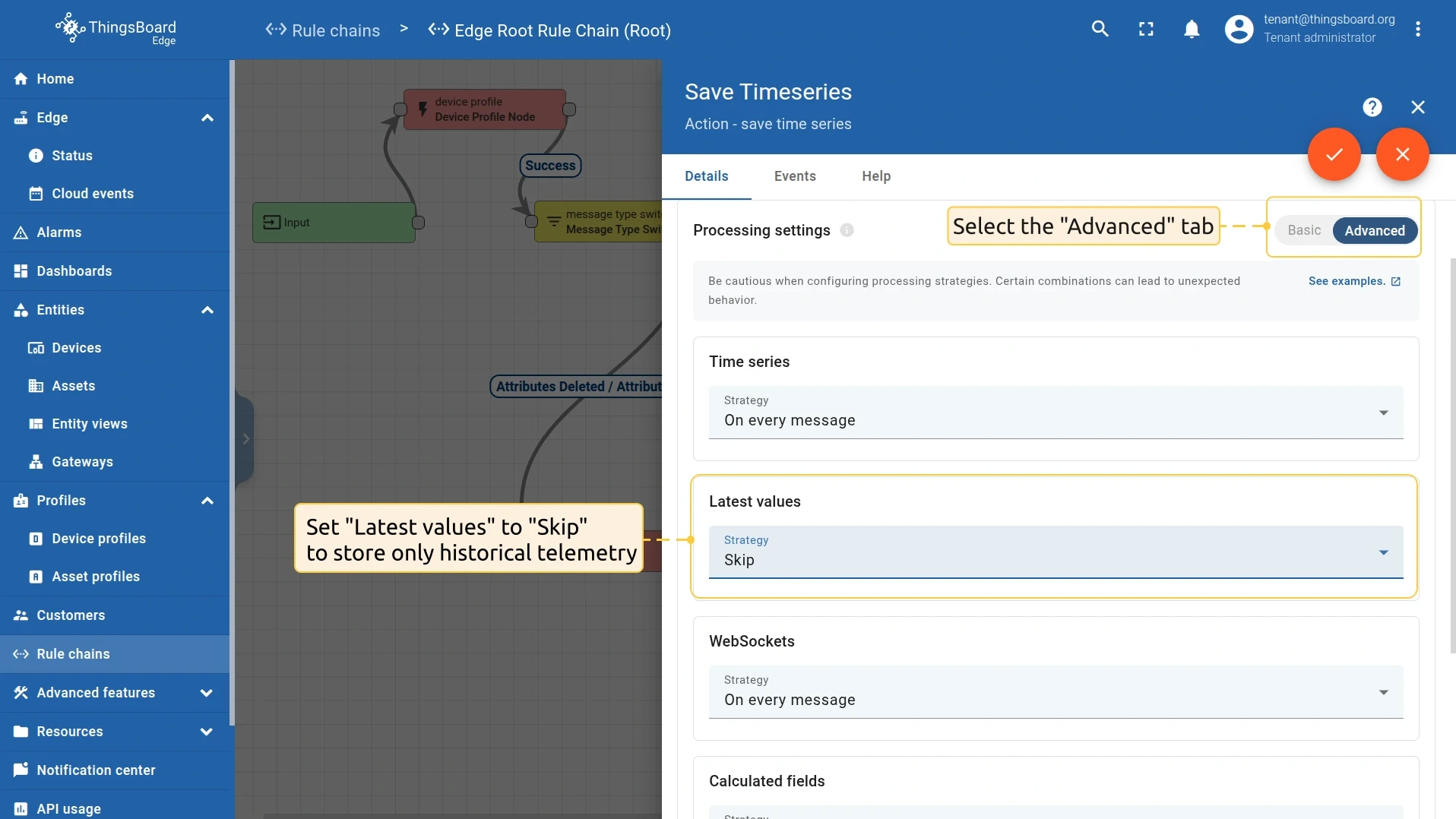 Edge save timeseries node configured to store only historical telemetry — CE