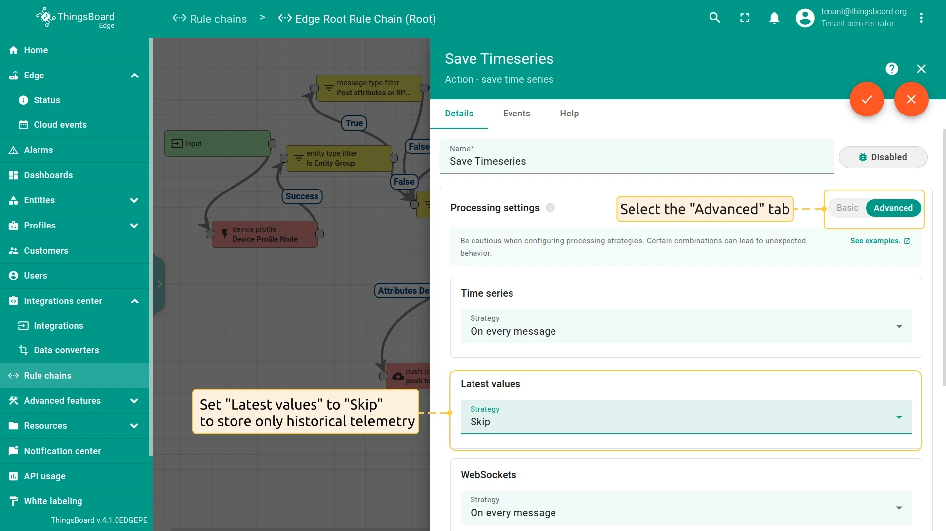 Edge save timeseries node configured to store only historical telemetry — PE