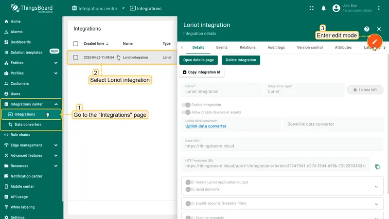 Go to the "**Integrations**" page in the "**Integration center**" section. Click on your Loriot integration to open its details window. Enter edit mode by clicking the orange pencil button in the top-right corner.