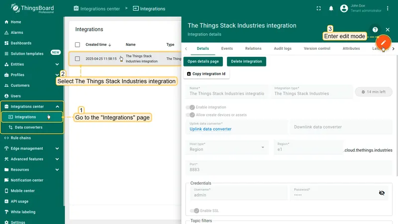 Go to the "**Integrations**" page in the "**Integration center**" section. Click on your The Things Industries integration to open its details window. Enter edit mode by clicking the orange pencil button in the top-right corner.